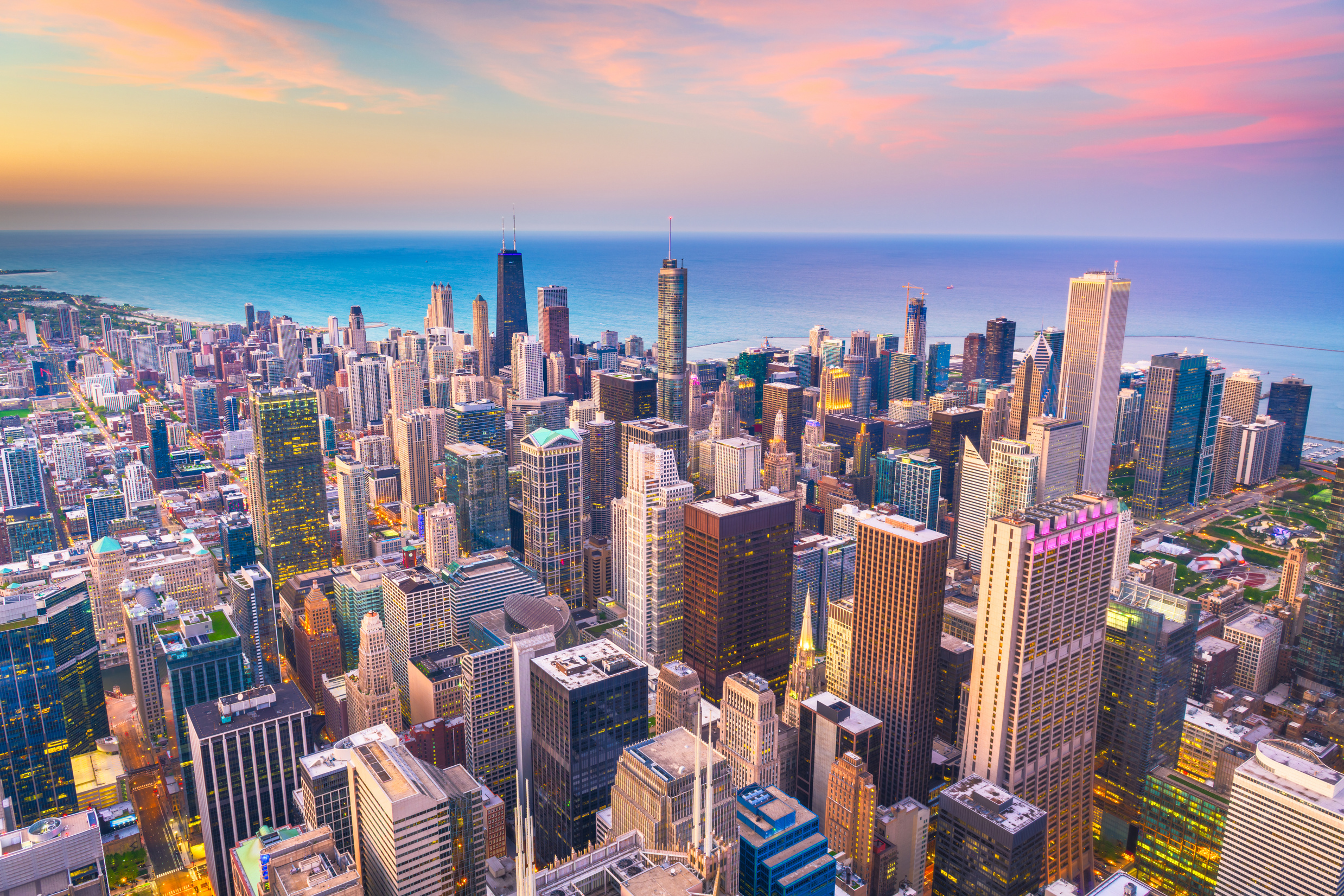 Chicago, Illinois USA aerial skyline after sunset.